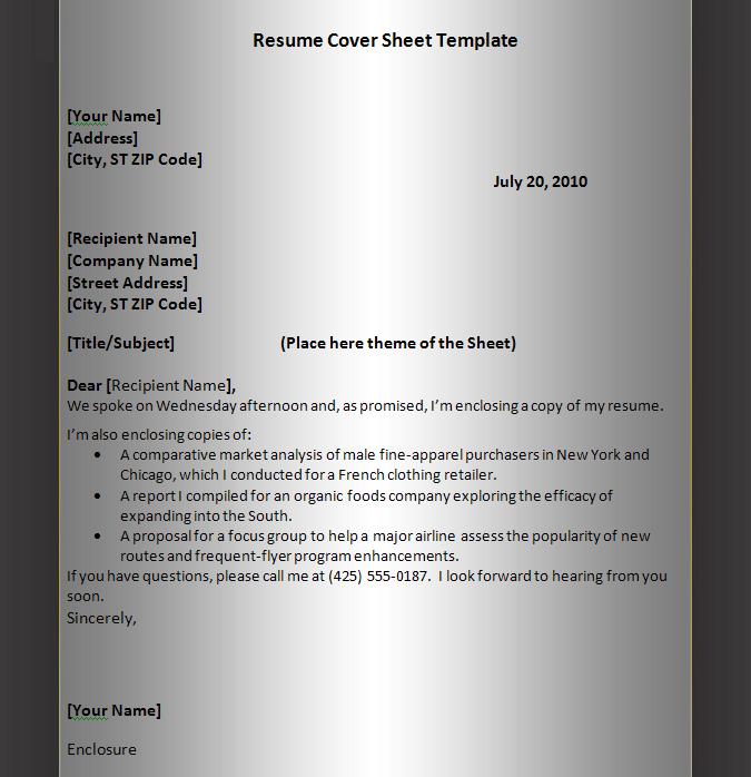 Job resume cover sheet examples